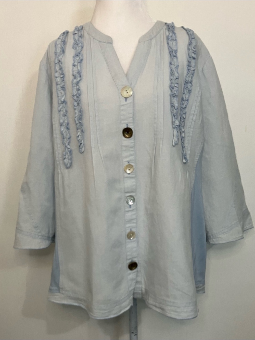 Soft Surroundings Top Women’s XL Cotten Linen V-Neck Button Ruffle Boho Cottage